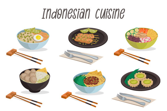 Set Of 6 Indonesian Food Illustrations: Sate, Soto Ayam, Bakso, Gado Gado, Mi Ayam, Susu Pie With Cutlery.