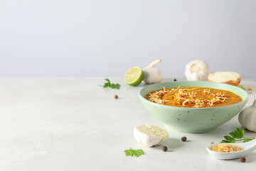 Concept of tasty food, sweet potato puree, space for text