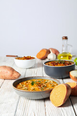 Concept of tasty food, sweet potato puree, space for text