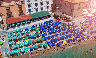SORRENTO, ITALY - JUNE 26, 2021: Amazing aerial view of Marina del Cantone Beach near Sorrento, Amalfi Coast.
