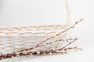 Wicker basket with pussy willow tree branches on white background. Spring concept, Palm Sunday...