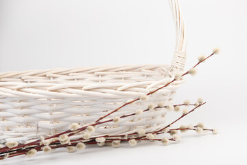 Wicker basket with pussy willow tree branches on white background. Spring concept, Palm Sunday concept. © Olga