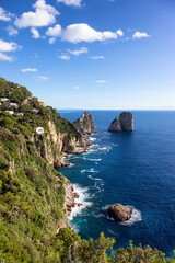 Fototapeta na wymiar Touristic Town on Capri Island in Bay of Naples, Italy. Sunny Blue Sky.