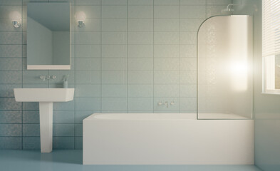 Spacious bathroom in gray tones with heated floors, freestanding tub. 3D rendering.. Sunset.
