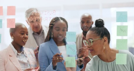 Diversity, team and writing on board, brainstorming and speaking for marketing schedule, planning advertising campaign and modern office. Business people, sticky notes and ideas for startup company.