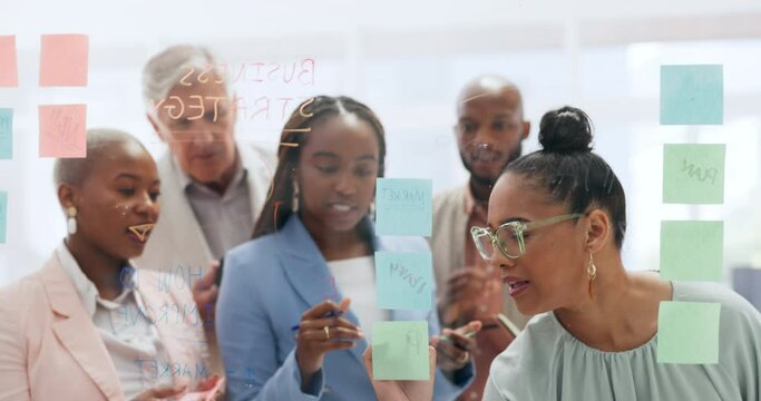 Diversity, team and writing on board, brainstorming and speaking for marketing schedule, planning advertising campaign and modern office. Business people, sticky notes and ideas for startup company.