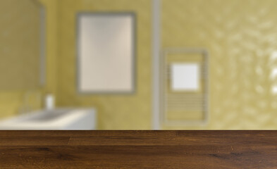 Modern bathroom including bath and sink. 3D rendering.. Mockup.. Background with empty wooden table. Flooring.