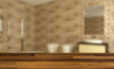 Spacious bathroom in gray tones with heated floors, freestanding. Background with empty wooden table. Flooring.