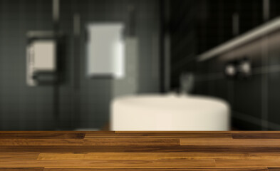 Modern bathroom including bath and sink. 3D rendering.. Mockup.. Background with empty wooden table. Flooring.