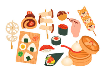 Set of Japanese Food. Vector for stickers, postcards, notebook. japanese cafe, bar, restaurant