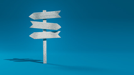 Directional sign, arrow guidance with copy space, blue background, 3d render