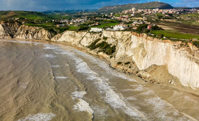 Aerial drone viewpoint on Stair of the Turks. Scala dei Turchi is a rocky cliff on the southern coast of Sicily, Italy
