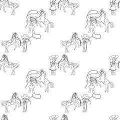 Vector seamless pattern with cowgirl and cowboy on horses. Chidren illustration for fabric, background, wallpaper.