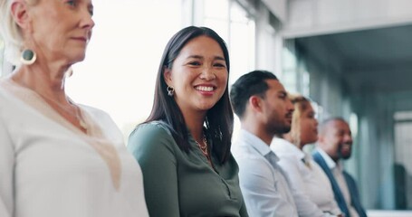 Business people, waiting line or job interview for corporate woman with vision or ideas for company growth. Portrait, smile or happy asian worker, employee or candidate in hr recruitment waiting room