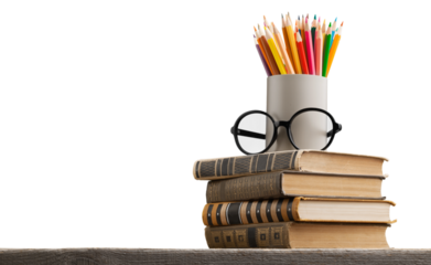 Colorful pen in glass on stack books