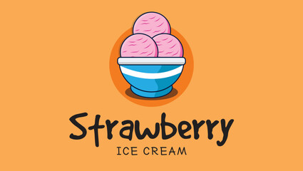 Strawberry ice cream Famous Asian Food Vector Art Illustration Logo Template Design