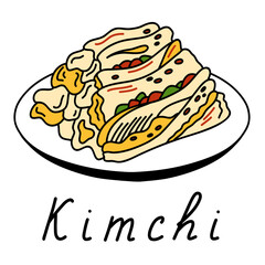 Kimchi on the plate. Korean cuisine. Vector illustration with lettering.
