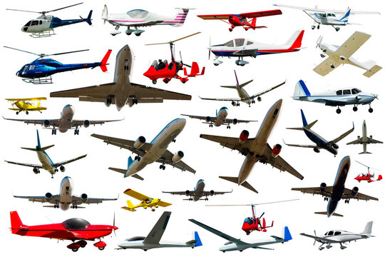 Sports and passenger aeroplanes, gliders and gyroplanes isolated on white background