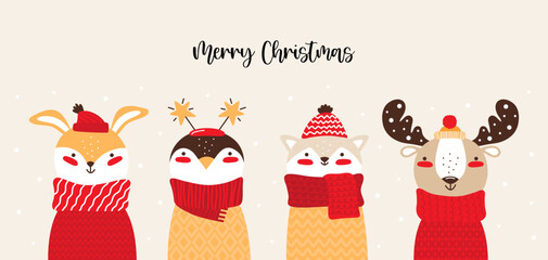 Cute forest baby animals in winter clothes. Cartoon character elk, rabbit, hare, penguin, cat in knitted hat, scarf and sweater. Merry Christmas horizontal banner or greeting card. Vector illustration