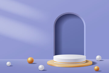 Purple abstract 3D scene for mockup, White and gold cylinder podium