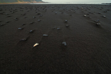 Close up black sand with basalt stones concept photo. Iceland landscape. Front view photography...
