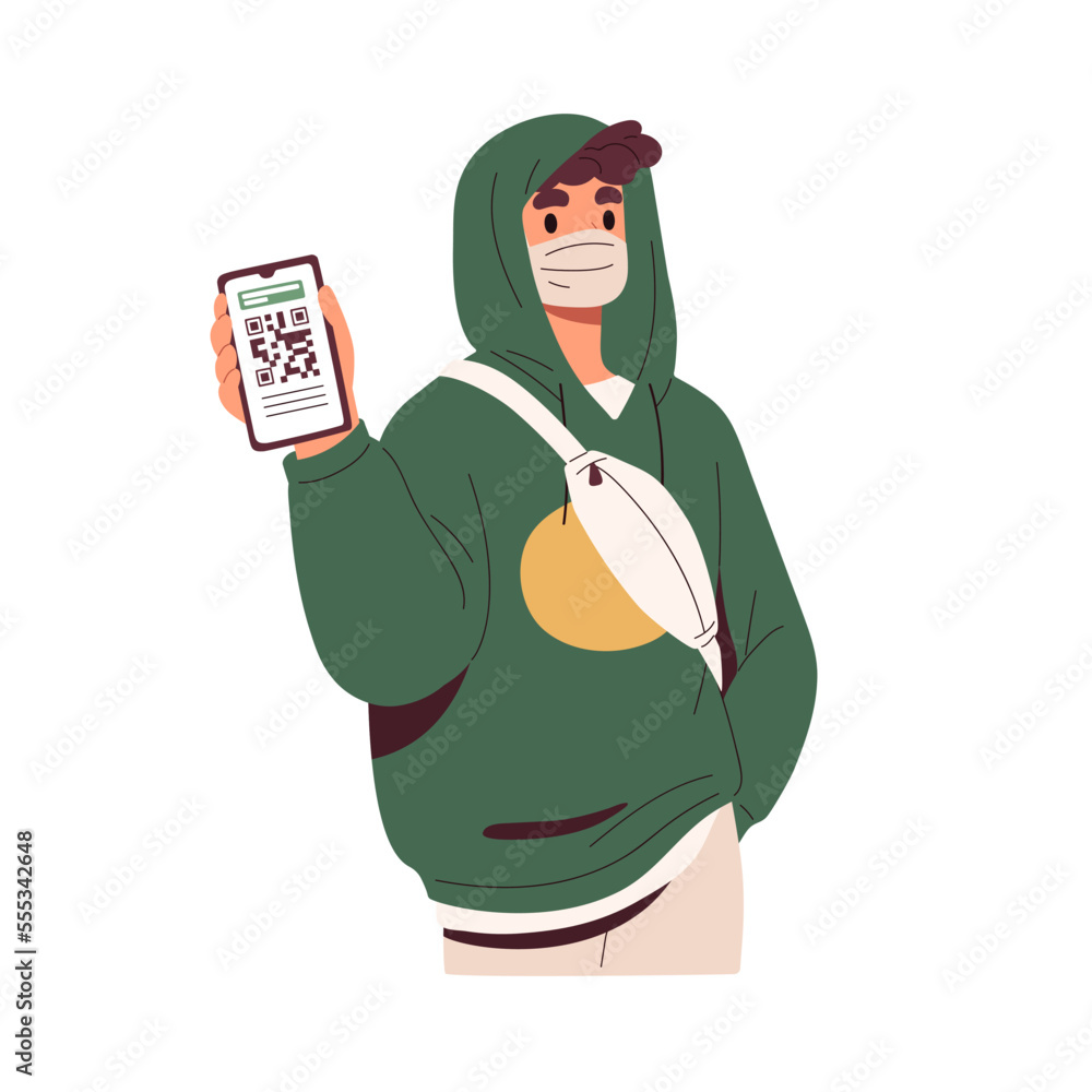 Poster digital covid-19 certificate, qr code of vaccine on mobile phone screen. vaccinated man in mask show