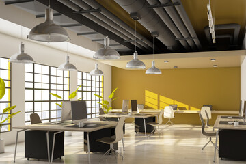 New coworking office interior with furniture, window with city view and daylight. 3D Rendering.