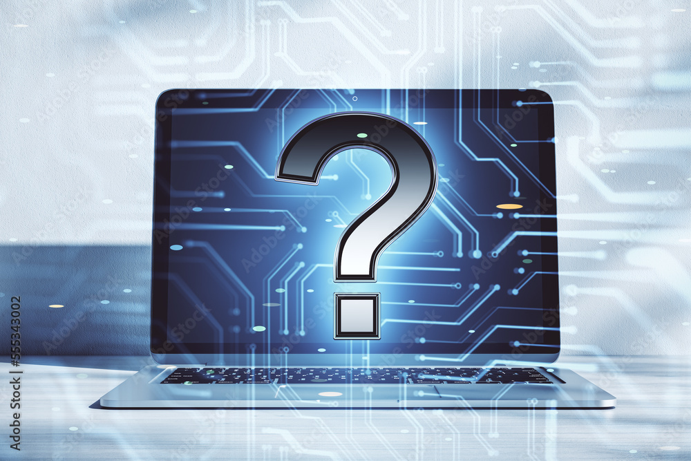 Poster Close up of abstract circuit and question mark hologram on laptop screen. Question, technology and digital network concept. Double exposure.