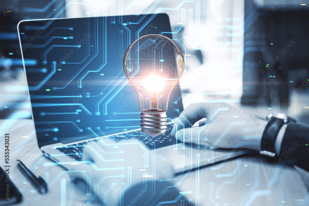 Poster Close up of male hands using laptop with abstract circuit and lamp hologram on blurry background. Digital idea and data concept. Double exposure.