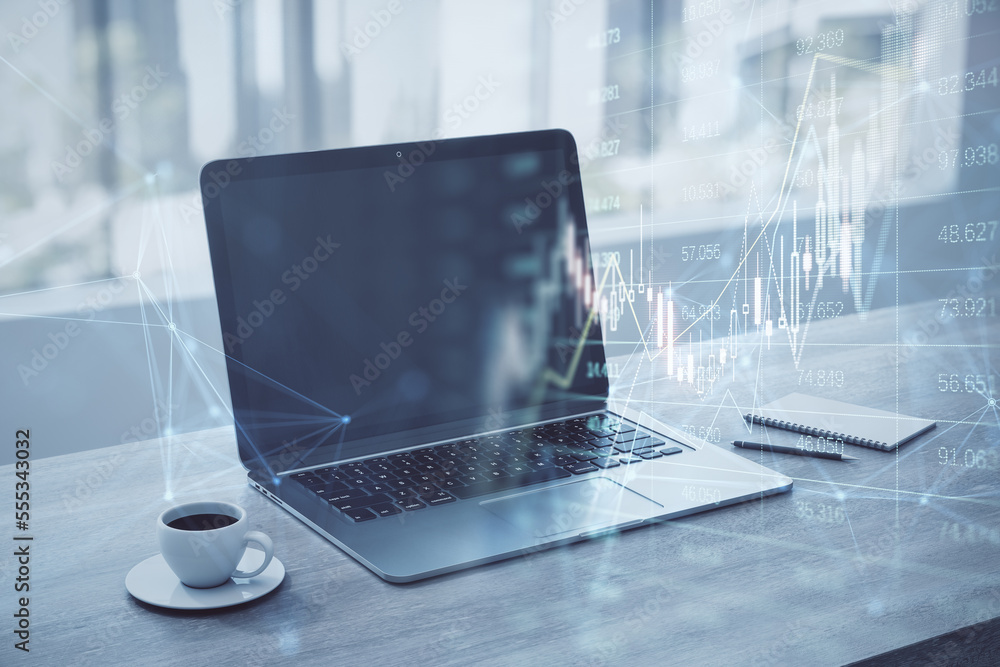 Aufkleber Close up of desktop with laptop computer, coffee cup and glowing forex index chart/graph on blurry background. Trade, finance and market concept. Double exposure.