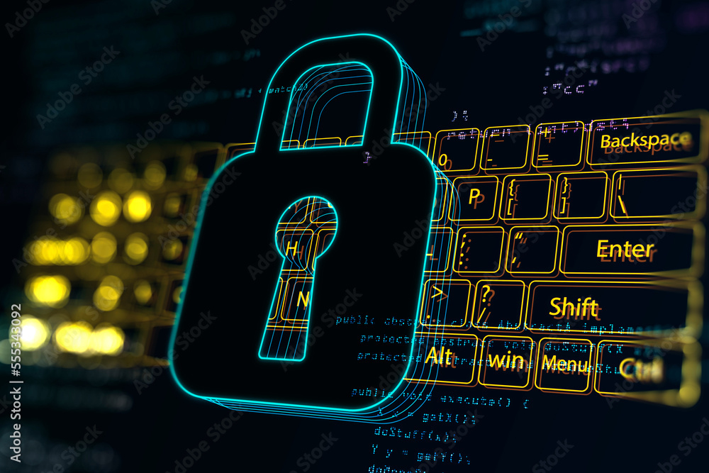 Aufkleber Personal data security and cyber protection concept with dark digital pad lock symbol with key hole on yellow keyboard background. 3D rendering