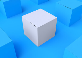 Square white paper box mockup composition isolated on blue background. 3d realistic illustration. Template for branding presentation in modern minimal style. Render corporate package.