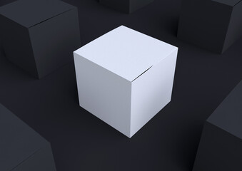 Square white paper box mockup composition isolated on black background. 3d realistic illustration. Template for branding presentation in modern minimal style. Render corporate package.