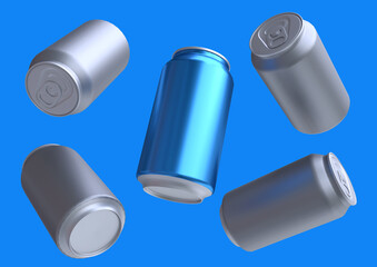 Realistic flying aluminium can for water, juice or alcohol isolated on blue background. Mock up design composition in fashion minimal style. Template for branding presentation. 3d illustration.