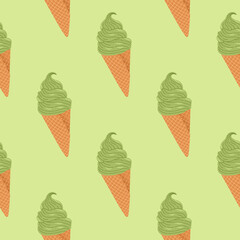 Matcha ice cream seamless pattern on green matcha background, vector for wallpapers, notebooks