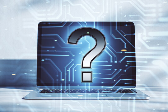 Close up of abstract circuit and question mark hologram on laptop screen. Question, technology and digital network concept. Double exposure.