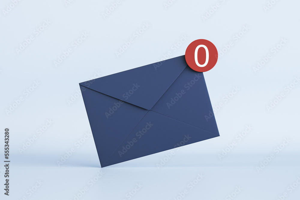 Poster No messages or notification concept with front view on dark blue email paper envelope with white zero in red circle on the corner on light background. 3D rendering