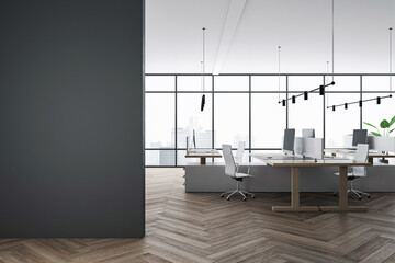 Front view on blank dark wall with space for your advertisement in coworking office with modern furniture, wooden floor and light high ceiling and city view from panoramic window. 3D rendering, mockup