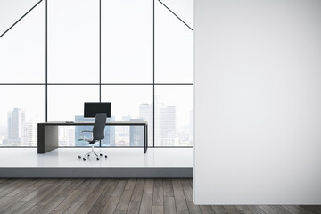 Front view on blank light grey wall with place for poster in office with modern computer on dark wooden table on glossy podium and city view background from big arch window. 3D rendering, mockup