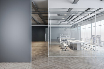 Front view on grey wall in modern interior design office hall with conference room behind glass partition, dark walls background, wooden floor and city view from panoramic window. 3D rendering, mockup