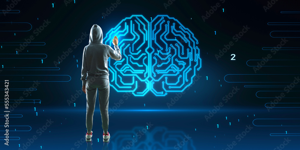 Aufkleber Back view of hacker using abstract glowing human brain hologram on blurry background. Neurology research, hacking, data theft and artificial intelligence concept.