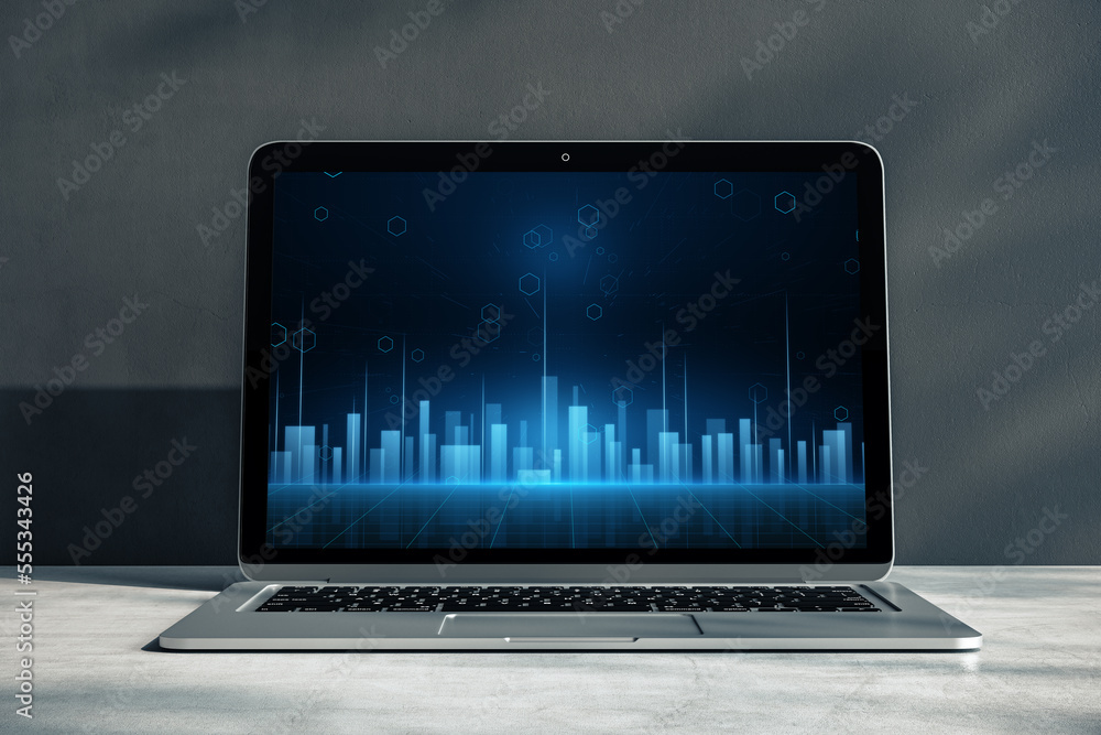 Poster Close up of laptop on desktop with creative glowing digital city on screen. Future and technology. 3D Rendering.