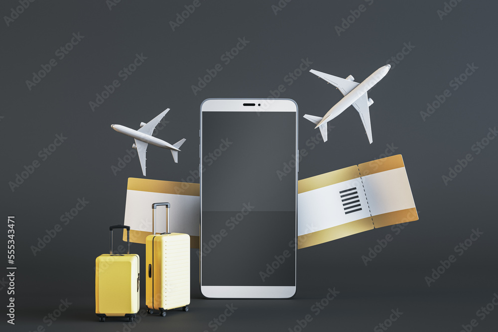 Poster creative online tour booking concept. empty mock up smartphone screen with abstract suitcases, airpl