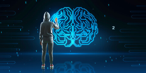 Back view of hacker using abstract glowing human brain hologram on blurry background. Neurology...