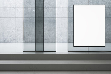 Modern hallway interior in building with empty white mock up banner, glass doors and concrete floor. Architecture and modern design concept. 3D Rendering.