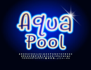 Vector bright flyer Aqua Pool. Funny glowing Font. Set of neon Alphabet Letters and Numbers