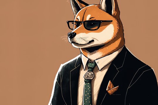 Cartoon artwork of a shiba inu dog with glasses and a suit and tie. Generative AI