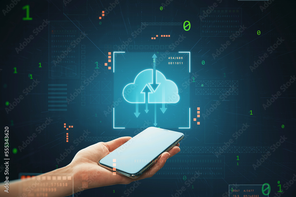 Poster close up of female hand holding mobile phone with digital cloud computing hologram on blurry backgro