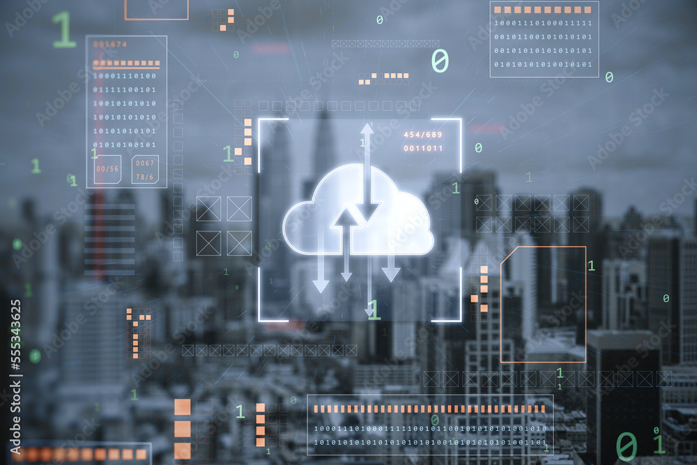 Poster digital cloud computing hologram on blurry background. Cloud data, server, service and hosting concept.