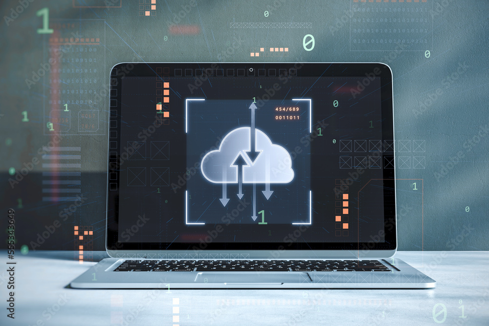 Poster Close up of workplace desktop with laptop computer and digital cloud computing hologram on blurry background. Cloud data, server, service and hosting concept. Double exposure.